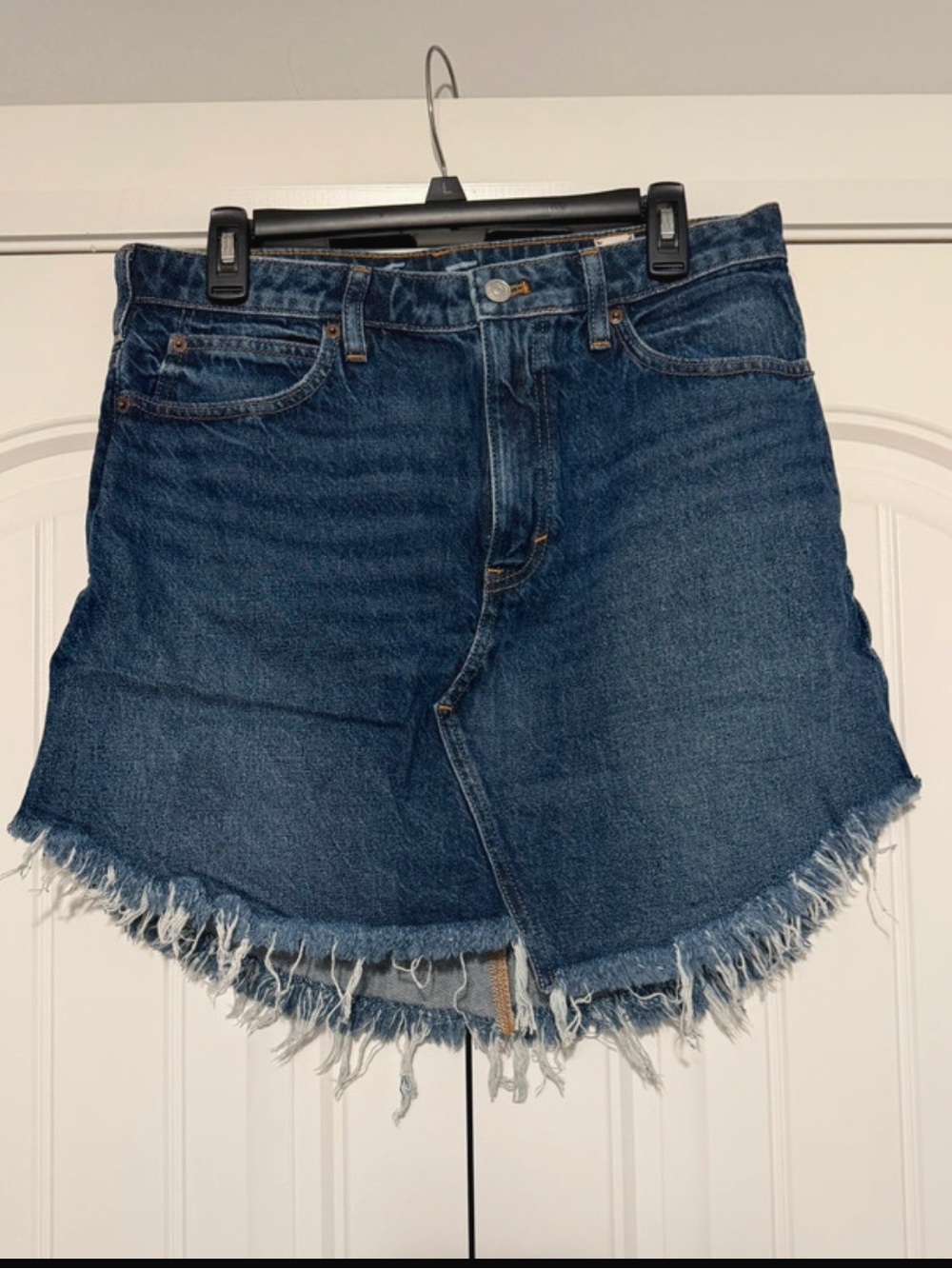 Free People Dark Blue Denim Mini Skirt with Frayed Hem